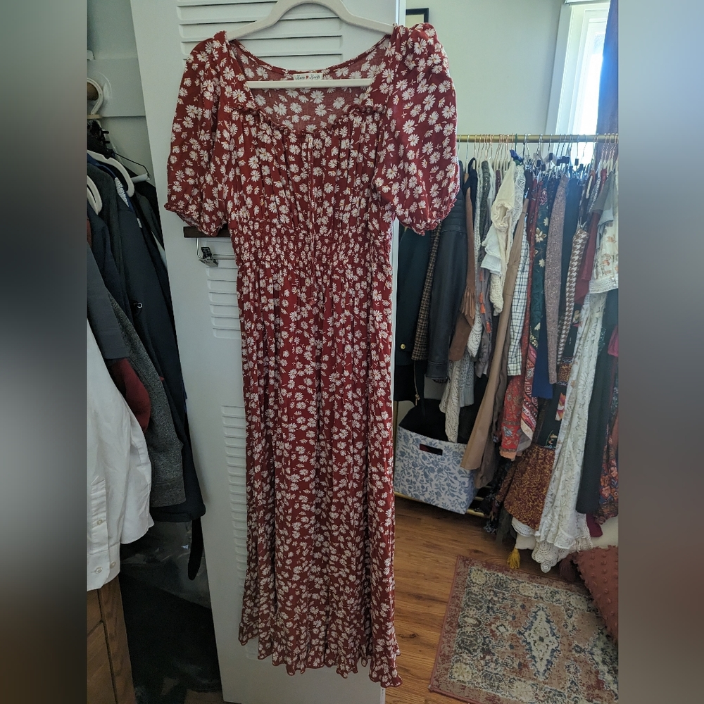 Daisy Printed Brick Red Cottagecore Maxi Dress
